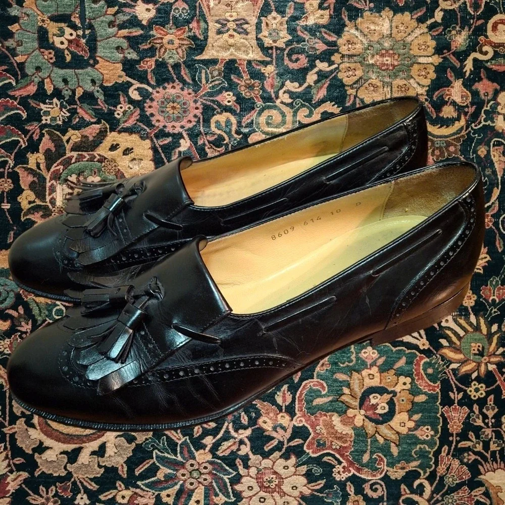 Salvatore Ferragamo Leather Wing Tips 10 D Black Slipon Made In Italy
